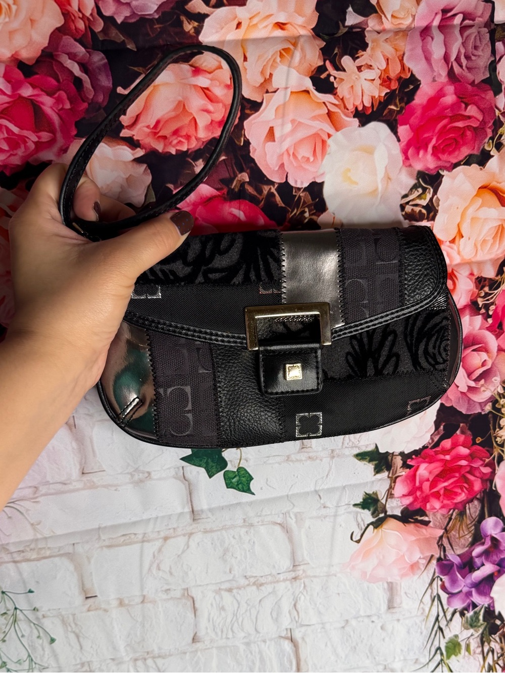 Liz Claiborne Black Patchwork Wristlet Clutch with Gold Buckle